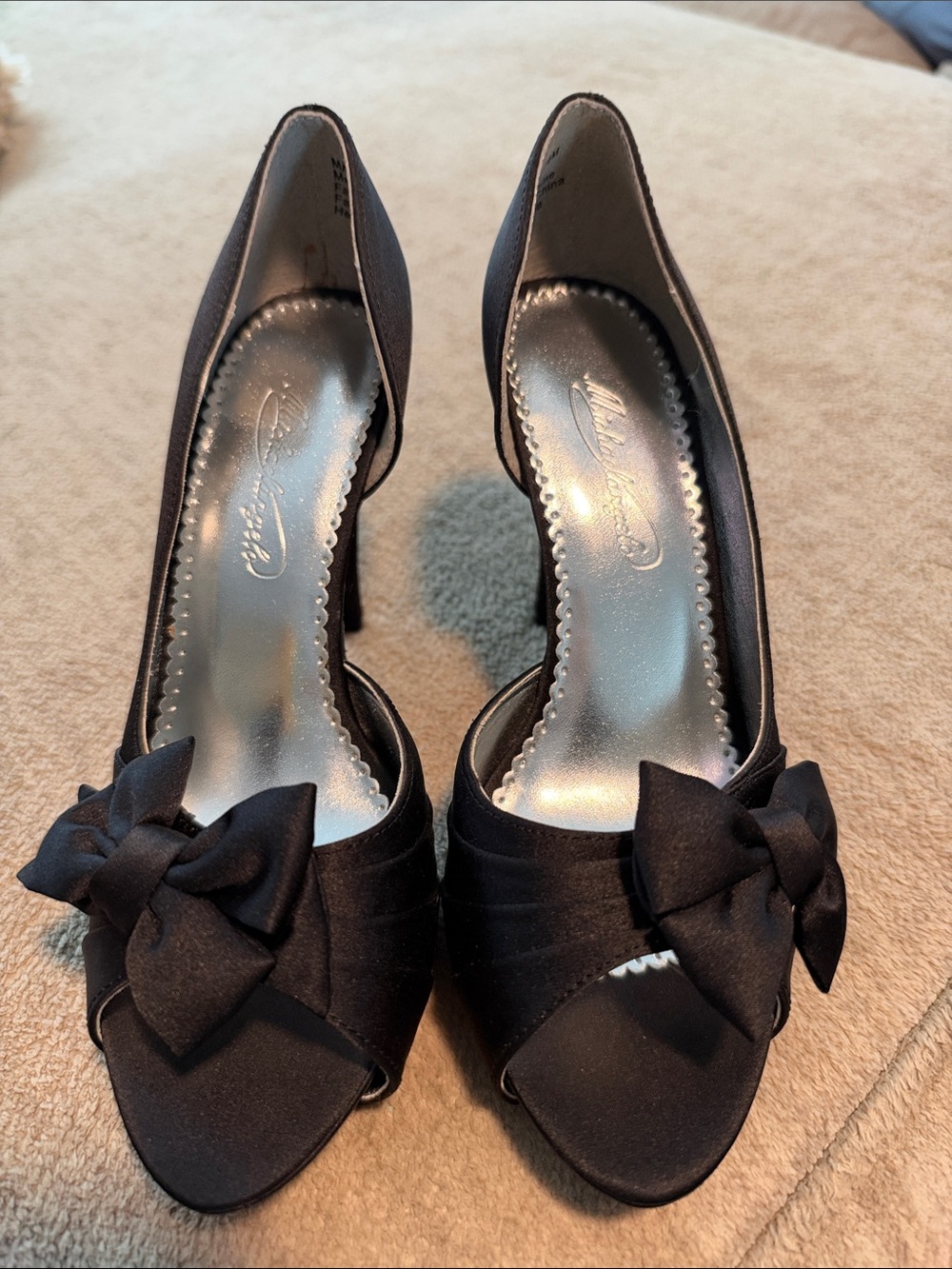 Michaelangelo Black Satin Peep-Toe Heels with Decorative Bow